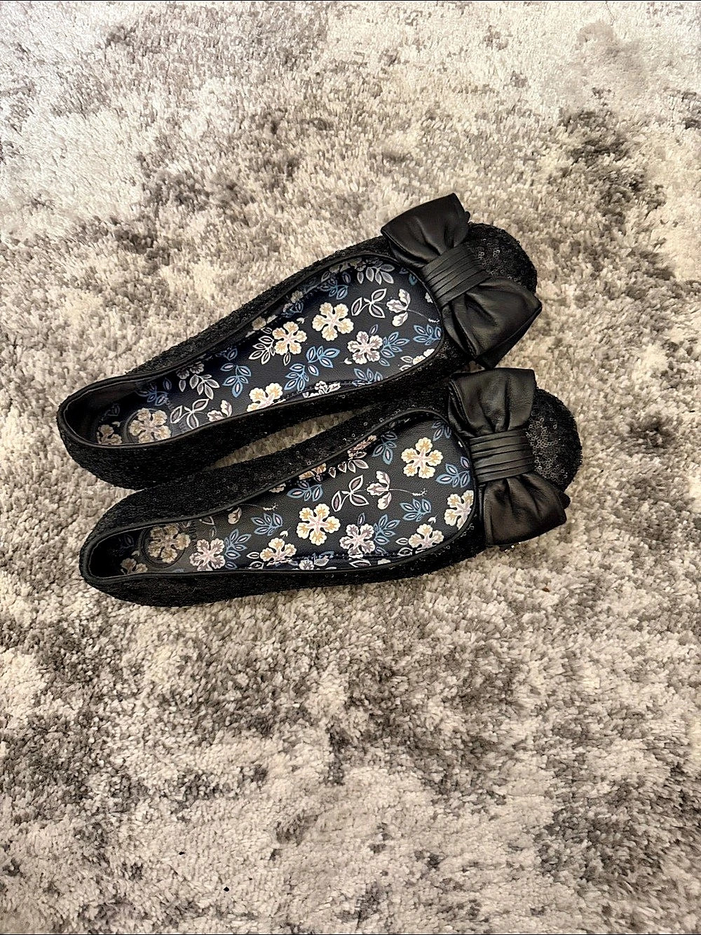 Tory Burch Sequin Reva Ballet Flats Black Floral Bow Flats
